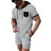 Men's Clothing New Waffle Men's Hooded Color Matching Short Sleeved Cardigan Casual Jacket Shorts Suit_voghion.com