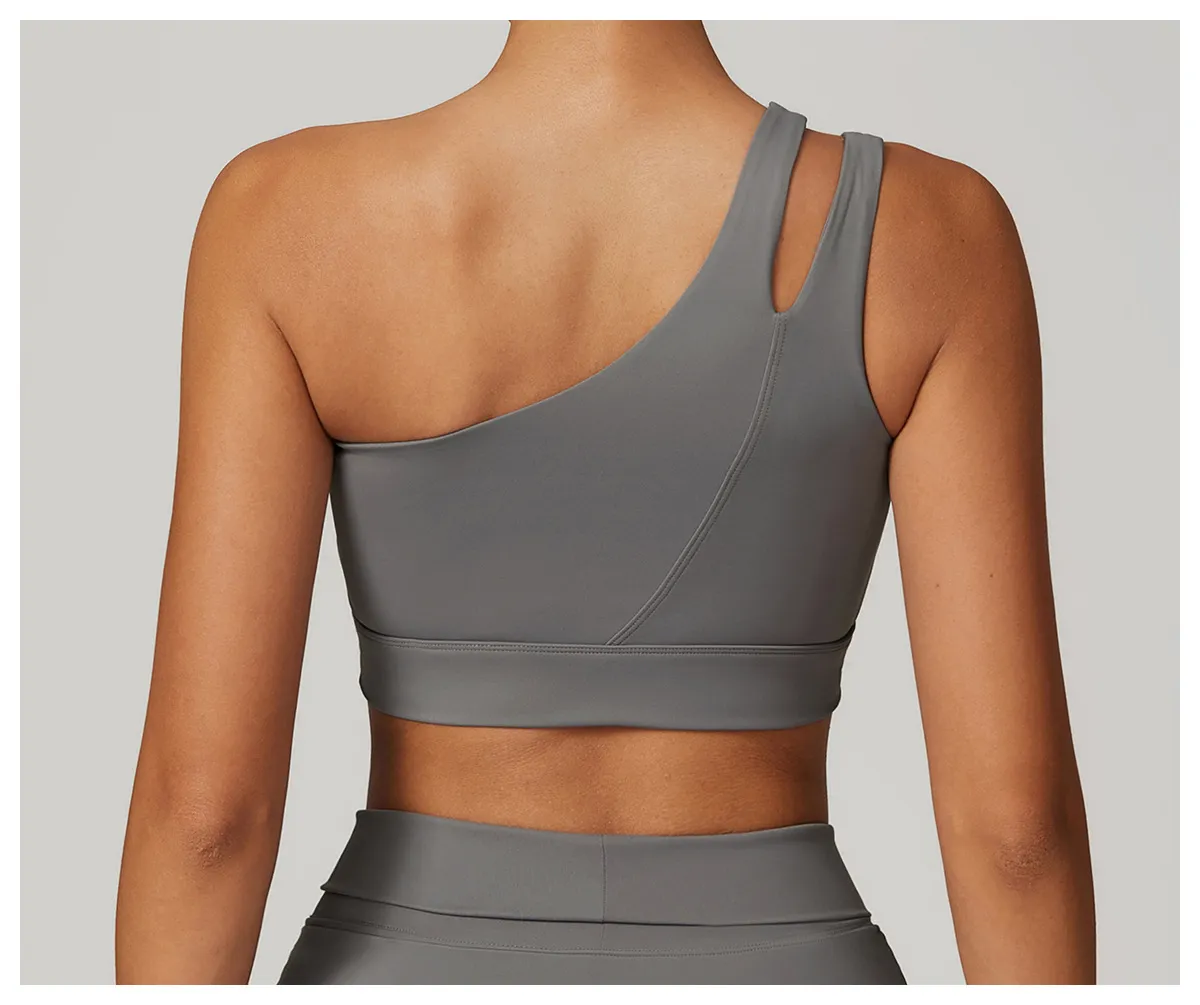 Women's Clothing Nude Oblique One Shoulder Beautiful Back Yoga Bra Elastic Quick Drying Sports Underwear Running Fitness Vest_voghion.com