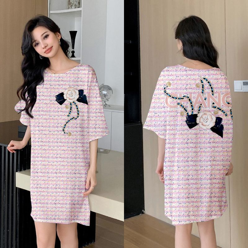 Color Crew Neck Nightdress Casual Loose Loungewear Age-reducing Pajamas_voghion.com