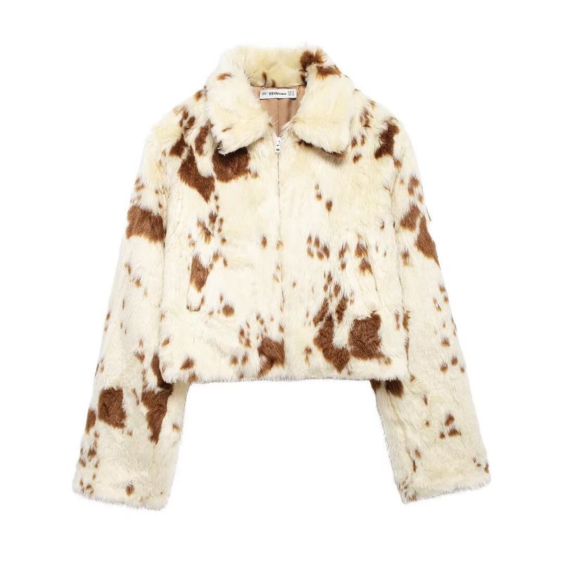 2024 Winter New Product Women's Clothing Animal Pattern Printed Artificial Fur Effect Jacket w03 5671_voghion.com