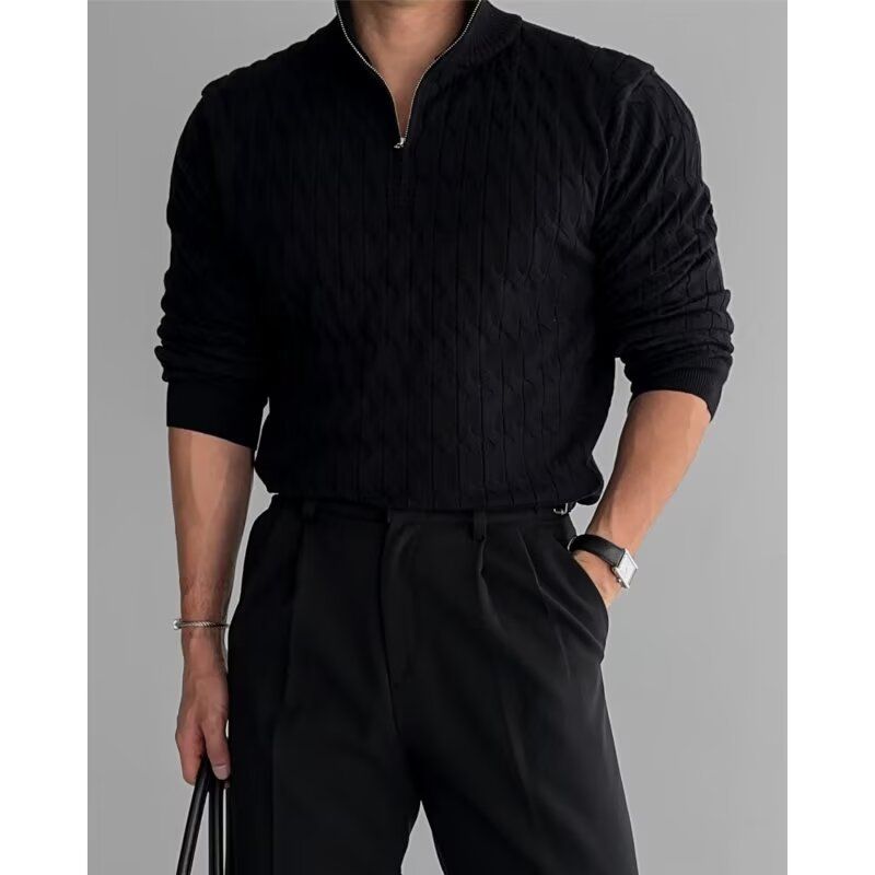 Maglione unisex vintage in maglia a trecce con collo con cerniera - Pullover oversize morbido e accogliente per uomo e donna (nero/bianco, M-3XL)_voghion.com