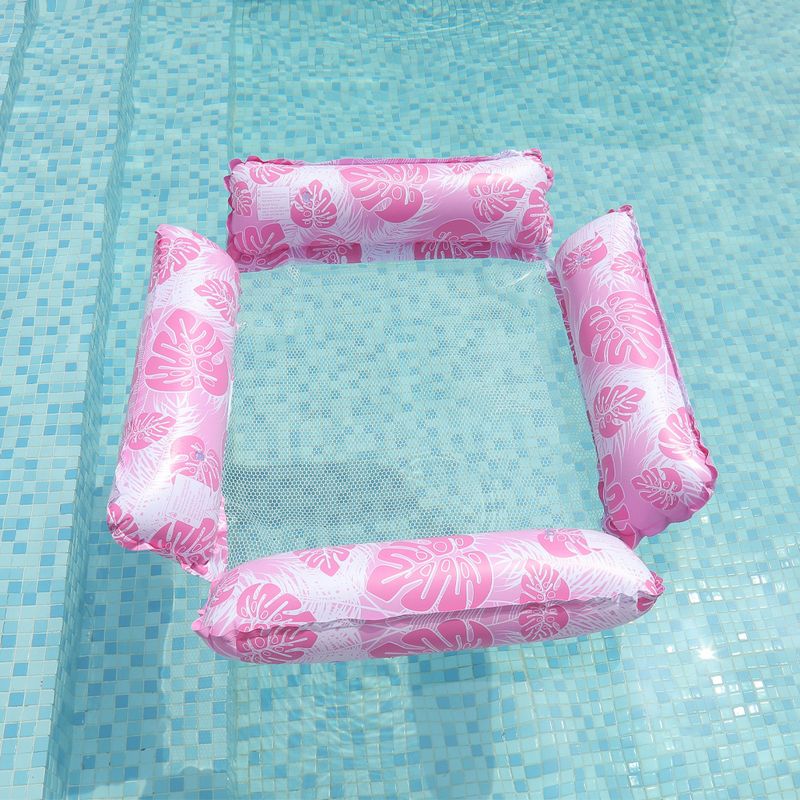 Aufblasbare Hängematte mit 4 Rohren und Blattmuster – Faltbares Schwimmbett für Erwachsene mit Netzunterstützung (strapazierfähiger PVC-Einsatz für Pool/See/Strand)​_voghion.com