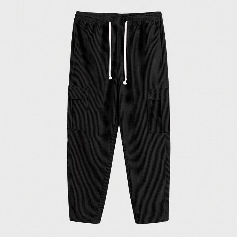 Men's trousers corduroy trousers men's autumn loose straight wide-leg trousers solid color multi-pocket men's casual trousers_voghion.com