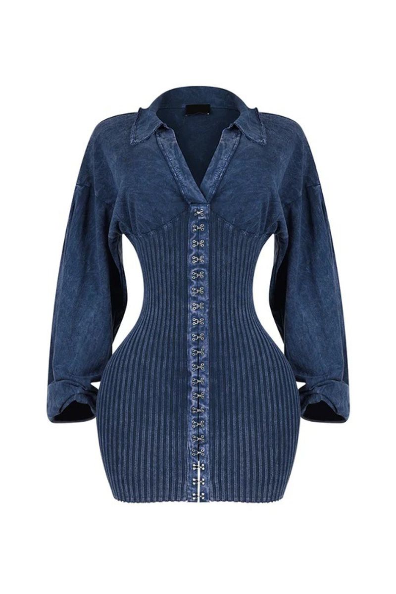 Odzież damska Głęboki kombinezon w serek Slim Fit Patchwork Długi rękaw Kombinezon Denim Odzież wierzchnia_voghion.com