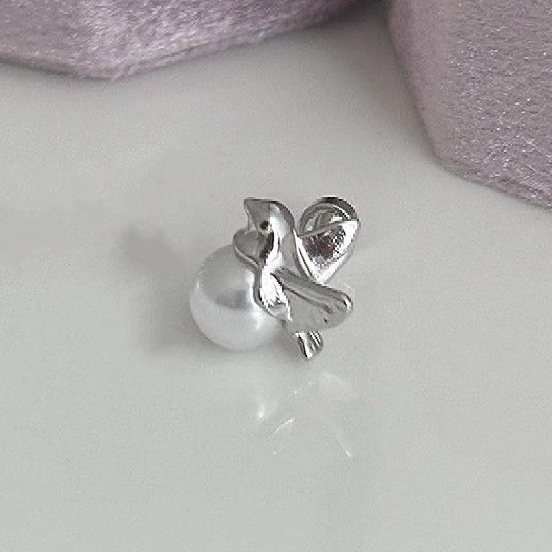 Orecchini a bottone con perla volante in metallo, piccione piccolo, acciaio al titanio, osso, grazioso uccello infantile, senza sonno_voghion.com