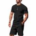 American Style Summer Men's Loose Fit INS Simple Waffle Round Neck Short Sleeve Shorts Two-Piece Set_voghion.com