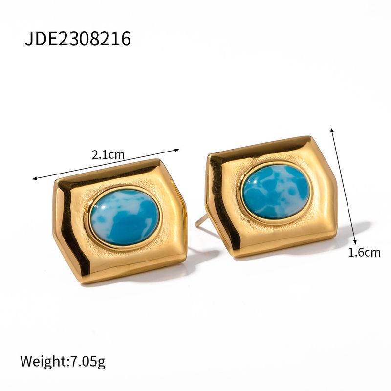 INS New Titanium Gold Stainless Steel Stone Rectangular Wide Faced Sea Pattern Loose Earrings_voghion.com
