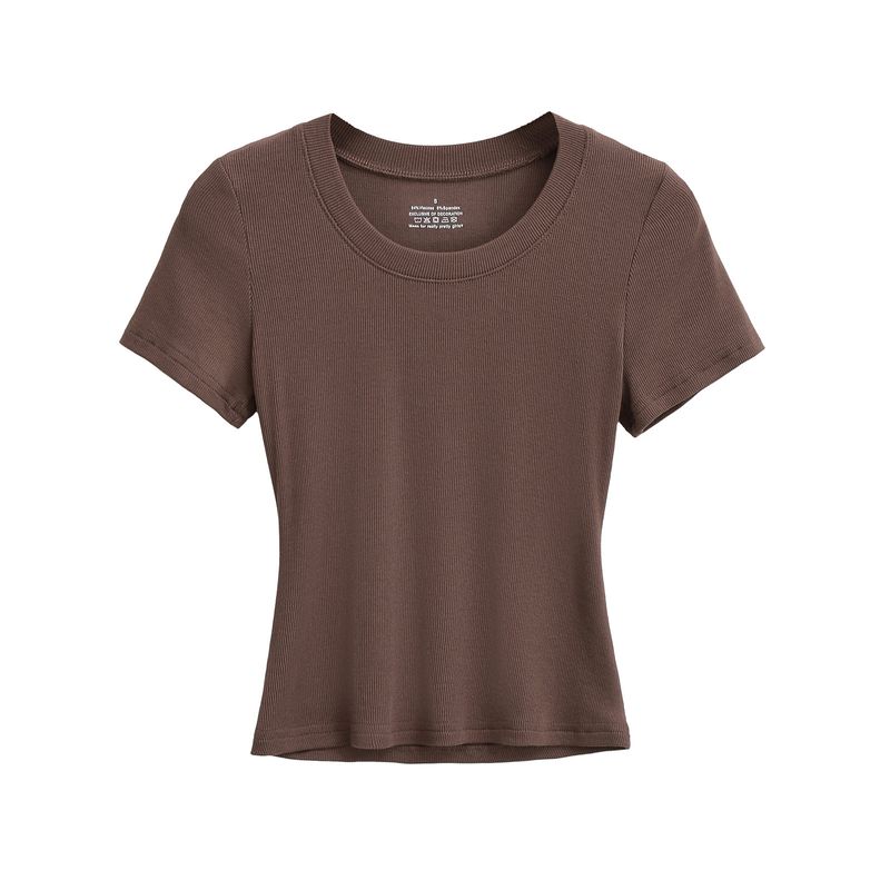 T-shirt à col rond pour femme, couleur unie, polyvalent, style estival, épaules droites, simple, manches courtes, taille fine, élastique_voghion.com