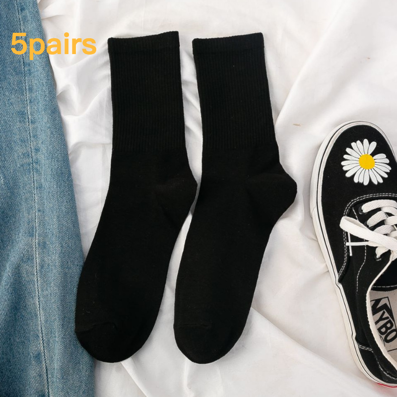 5 pares de calcetines de longitud media para mujer, calcetines de algodón de Color sólido blanco y negro, calcetines largos de goma de estilo japonés para invierno, calcetines largos para niños_voghion.com