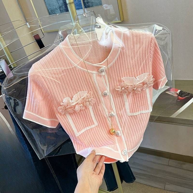 Damenbekleidung Mode Sommer Nische Blumentemperament Rundhalspullover Kurzarm T-Shirt Weiblich Kleiner Duftstil Kurzes Top Trend_voghion.com