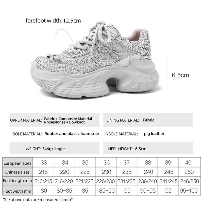 Chaussures femme Cameido avec nœuds et strass. Chaussures de sport décontractées à semelle épaisse et plateforme pour femmes de petite taille._voghion.com