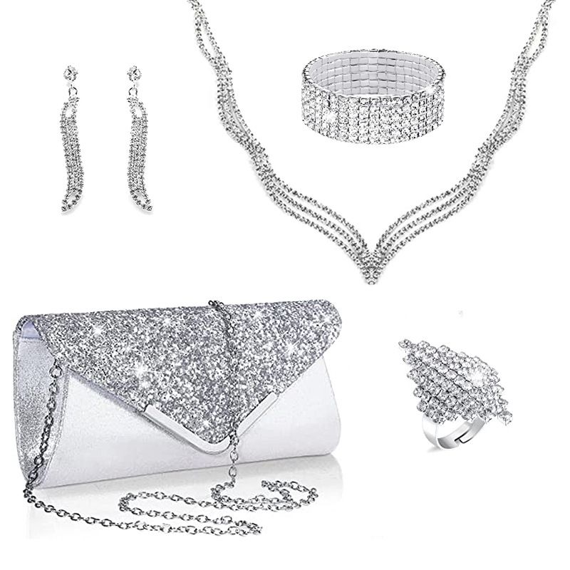 6pcs Earrings Necklace Bracelet Ring Plus Bag Luxury Jewelry Set Inlaid Full Of Shining Rhinestone Dainty Evening Party Decor_voghion.com