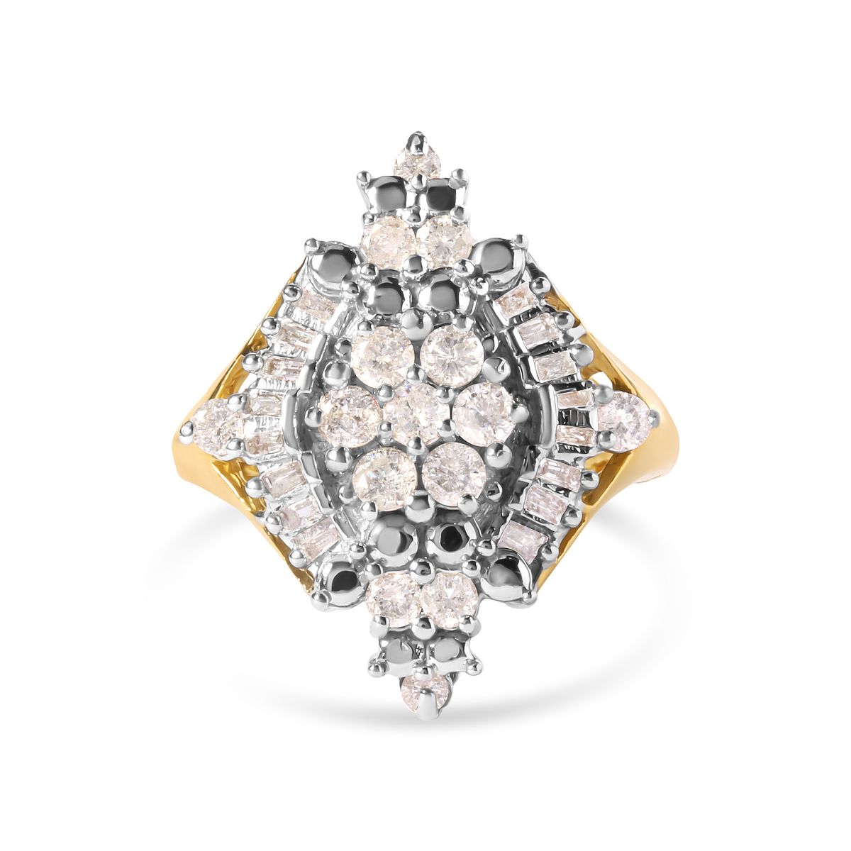 10K Yellow Gold 1 Cttw Round and Baguette cut Diamond Cluster and Rhombus Halo Ring (H-I Color, I1-I2 Clarity) - Ring Size 7_voghion.com