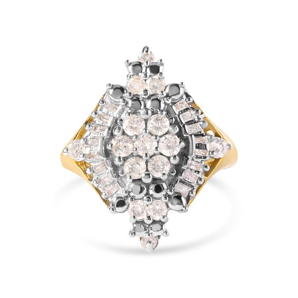 10K Yellow Gold 1 Cttw Round and Baguette cut Diamond Cluster and Rhombus Halo Ring (H-I Color, I1-I2 Clarity) - Ring Size 7_voghion.com