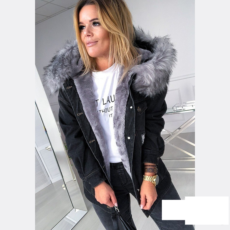 Women's clothing plus plush collar women's slim cotton denim jacket_voghion.com
