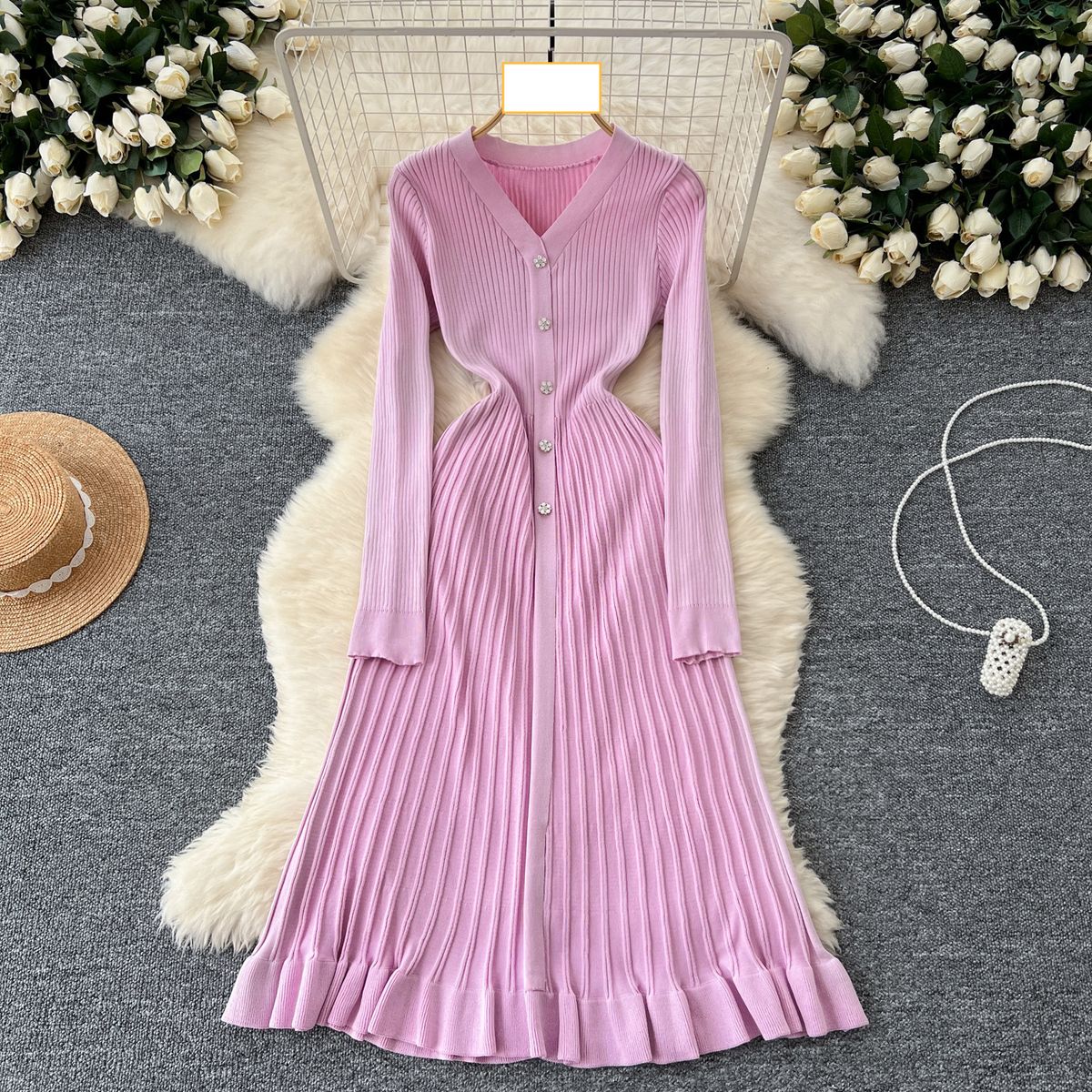 Women's Clothing Autumn and winter inner knitted dress for women, elegant and high end V neck single breasted waist slimming sweater long skirt_voghion.com