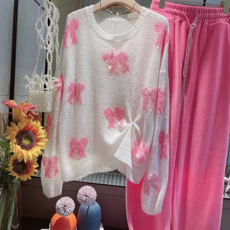 Vêtements pour femmes Hot Diamond Sparkling Soft Girl First Love Age Reducing Mohair Bow Thin Gentle Style Pull_voghion.com