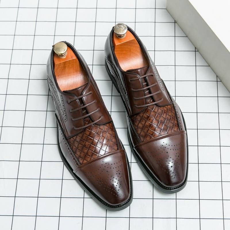 Pantofi sport bărbătești la modă, maro, sculptat, Brock, împletiți, albaștri, Derby, din piele naturală, stil britanic, pentru banchet, rochie de nuntă_voghion.com
