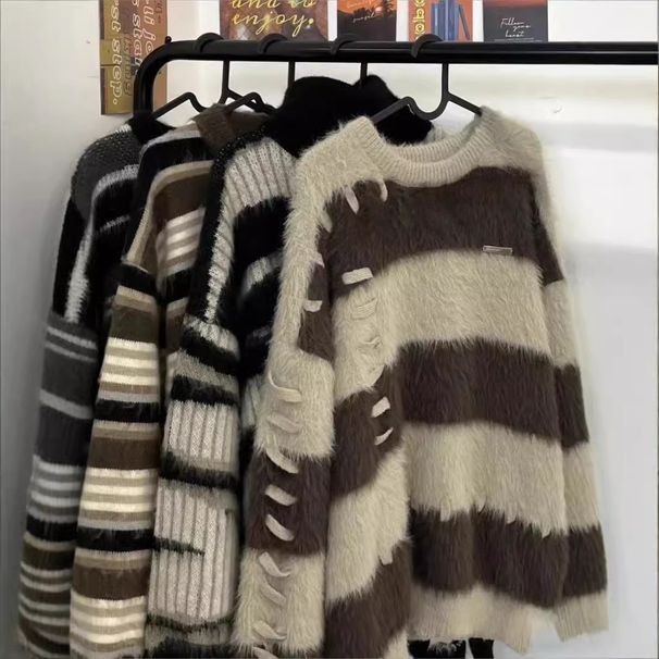 Women's Korean Style Oversized Round Neck Sweater - Cozy Thick Knit Pullover With Stripes, Long Sleeve Casual Loungewear_voghion.com