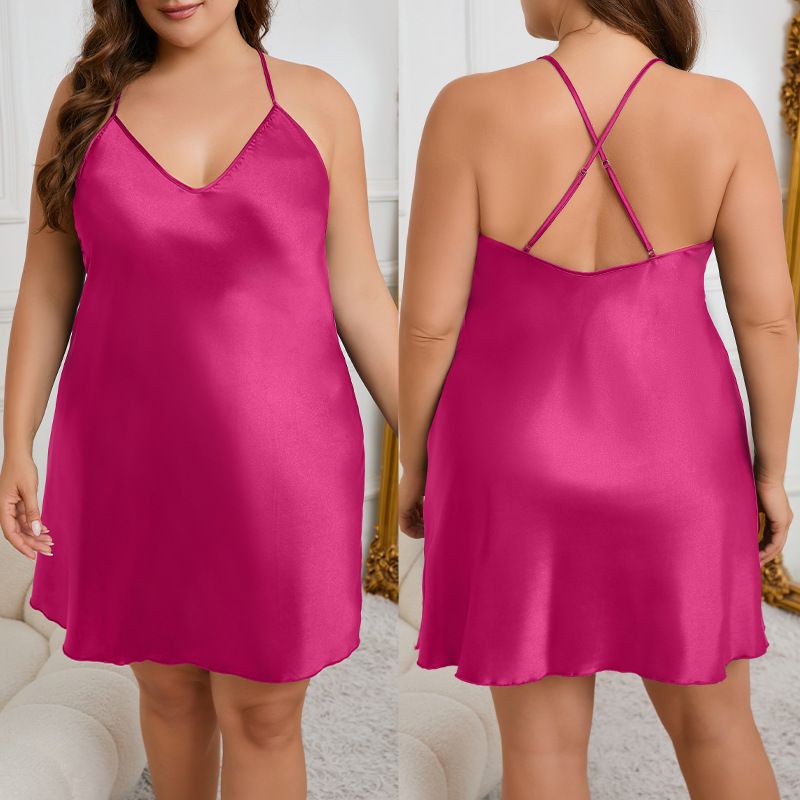 Women's Sleepwears Plus Size Suspender Nightdress Female Summer New Fat Mm Solid Color Ice Silk Nightdress_voghion.com