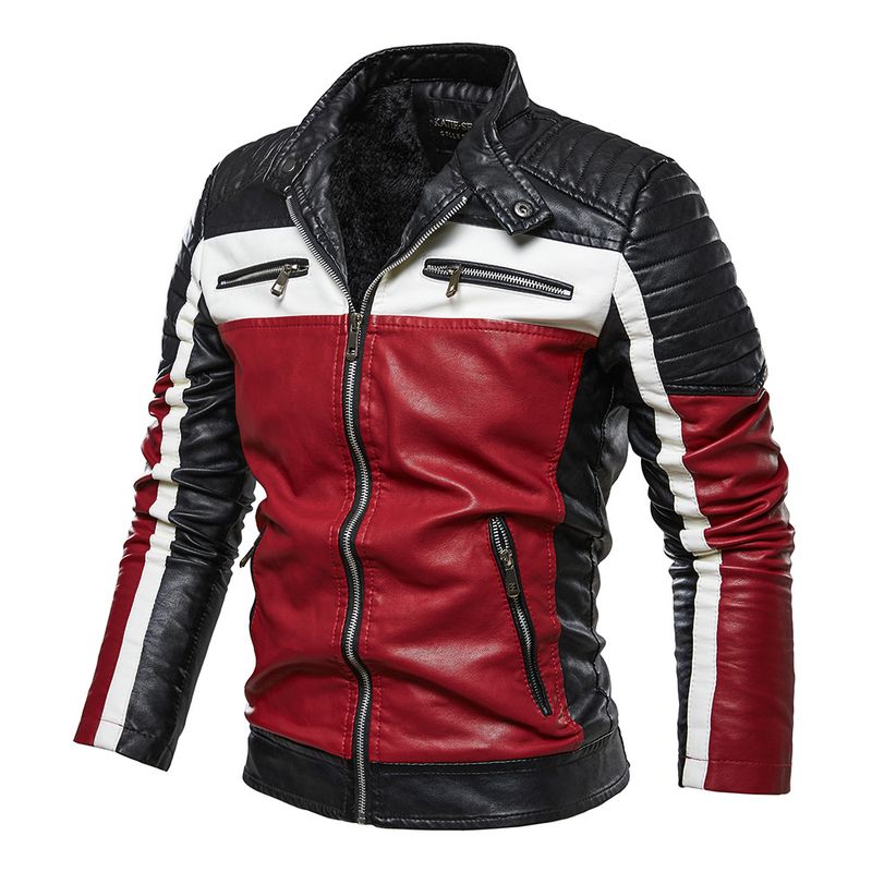 Herren Kunstlederjacke mit Fleecefutter, Biker-Style, Colorblock-Design, Slim Fit, Wintermantel für Casual & Urban Fashion (L, XL, 2XL, 3XL)​_voghion.com