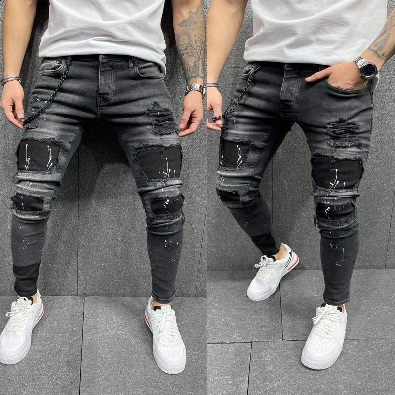 Herren-Jeans im Used-Look mit Aufdruck, in großen Mengen verkauft, mit Aufklebern und elastischen Jeans mit schmalem Bein, neuer Stil_voghion.com