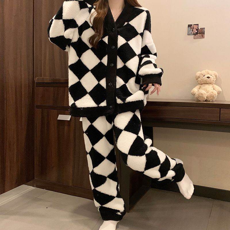 Pigiama comodo da donna in flanella calda e spessa, modello Rhombus, per autunno e inverno, taglie forti_voghion.com