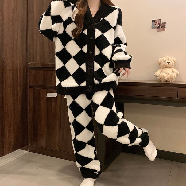 Pigiama comodo da donna in flanella calda e spessa, modello Rhombus, per autunno e inverno, taglie forti_voghion.com