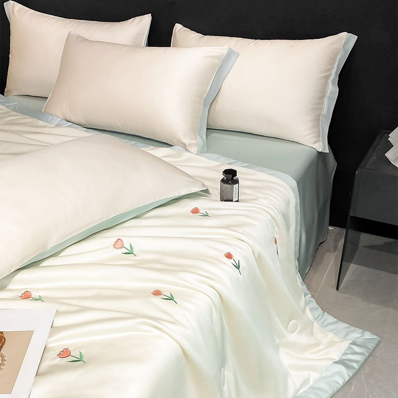 Luxury Washed Ice Silk Summer Quilt Set - 4/3 Piece Embroidery Bedding Set, Breathable Air Conditioning Blanket With Cooling Technology_voghion.com