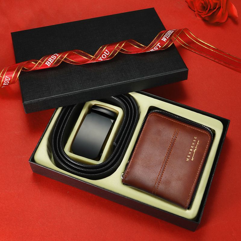 【 Geschenkbox-Set 】 Herren-Gürtel-Geldbörsen-Set aus Rindsleder mit automatischer Schnalle, Geschenkbox auf Lager_voghion.com