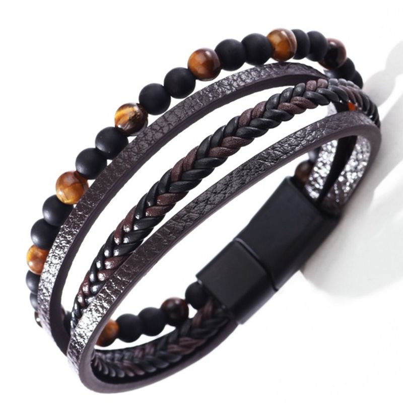 Bracciale in pelle con perline di pietra vulcanica a tre strati, personalizzato, in PU, per uomo, ecologico e americano._voghion.com