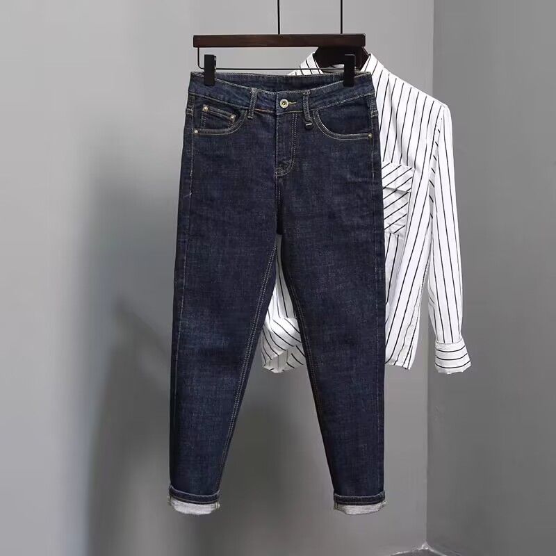 Men's Clothing Jeans men's 2023 new spring and autumn style trend dark blue primary color versatile slim fit skinny nine-point pants_voghion.com