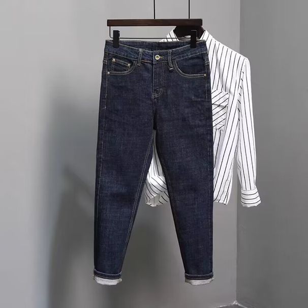 Men's Clothing Jeans men's 2023 new spring and autumn style trend dark blue primary color versatile slim fit skinny nine-point pants_voghion.com