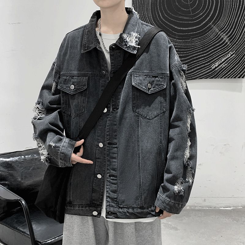 Giacca strappata da uomo in denim, vestibilità ampia, stile di alta qualità, stile hip-hop, primavera-autunno, adatta a tutte le stagioni_voghion.com