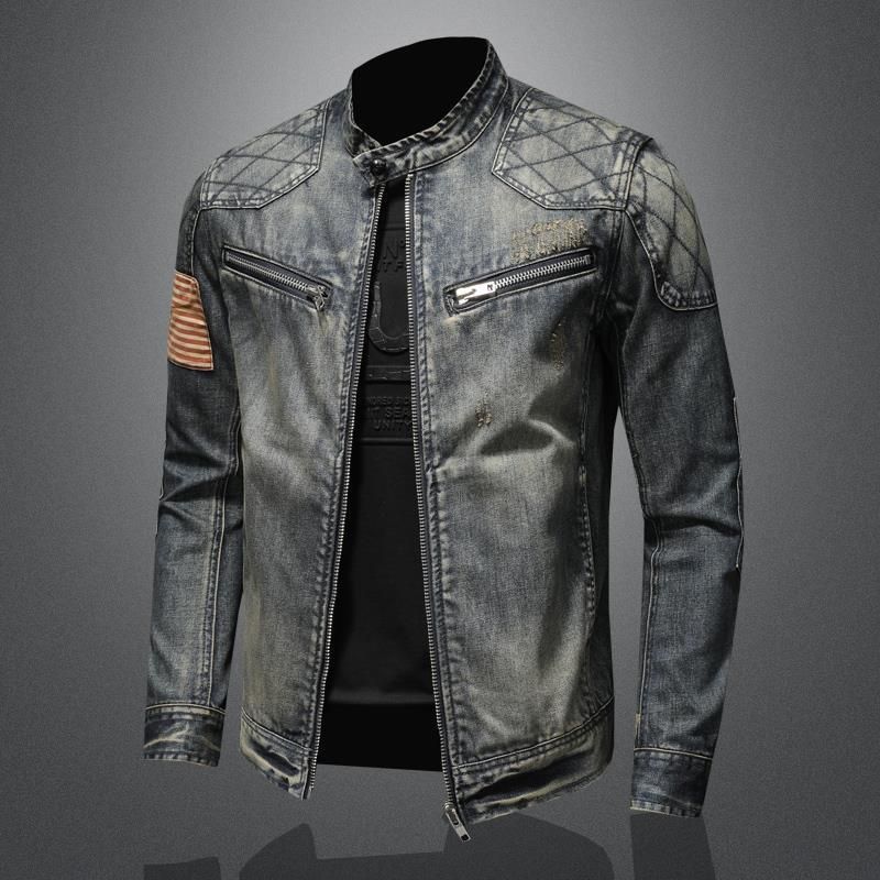 Abbigliamento da uomo, completo in denim, autunno, colletto alto, giacca da motociclista, retrò, elegante, senza cappuccio, abbigliamento da lavoro_voghion.com