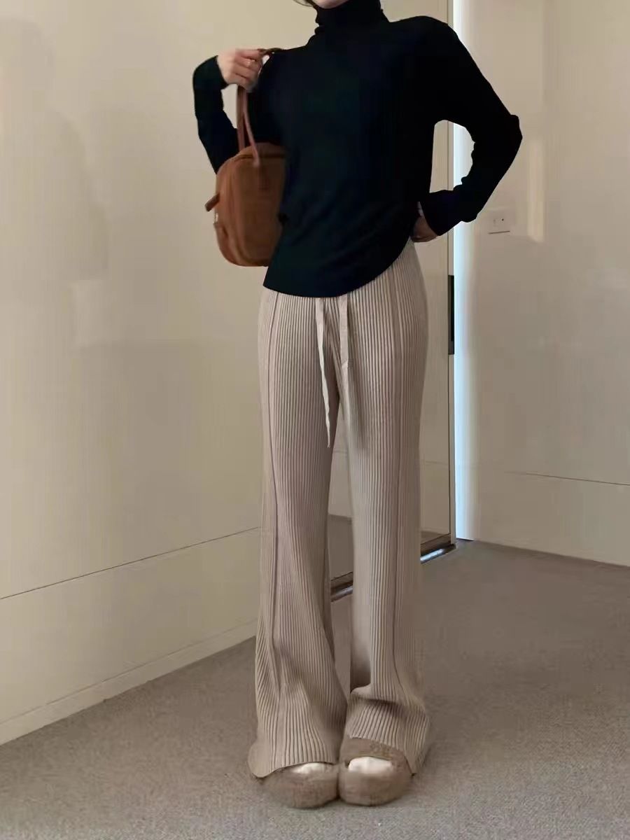 Hoch taillierte Rippstrickhose – Weite Hose mit geradem Bein für Damen (Herbst/Winter, Weiß/Schwarz/Grau/Khaki/Braun)_voghion.com