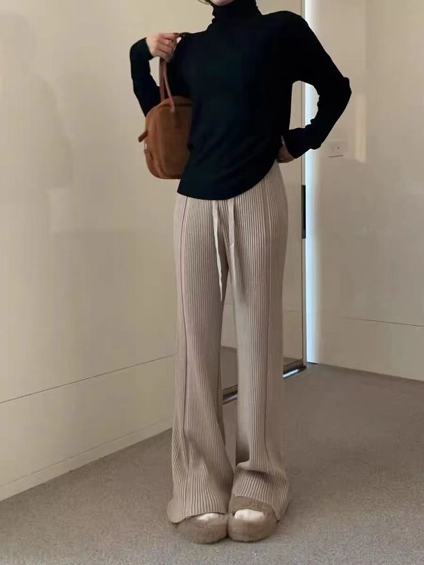 Hoch taillierte Rippstrickhose – Weite Hose mit geradem Bein für Damen (Herbst/Winter, Weiß/Schwarz/Grau/Khaki/Braun)_voghion.com