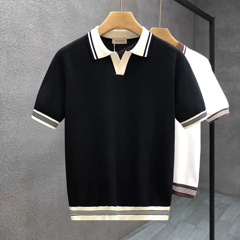 Men's Clothing Summer New Short Sleeved Contrast Color V Neck T Shirt Lapel Slim Fit Polo Shirt Knitted Textured T Shirt_voghion.com