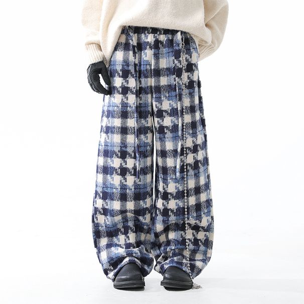 Pantaloni invernali unisex retrò a quadri pied de poule in lana – vita alta, gamba larga, foderati in pile di poliestere (blu/kaki, S-XXL)_voghion.com