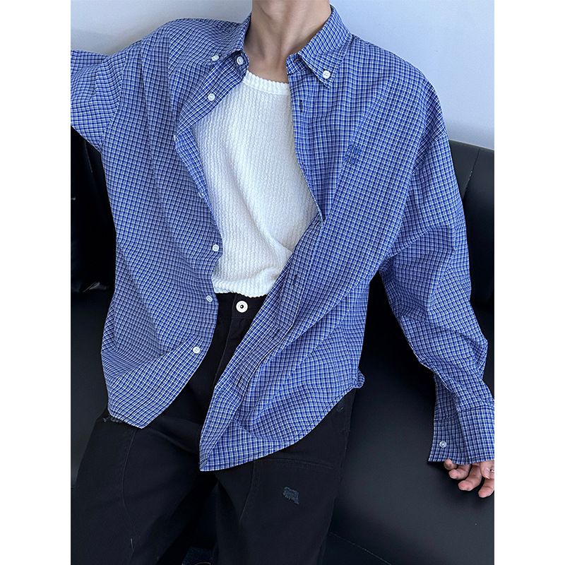 CT American Style Lazy Loose Blue Plaid Langarm für Männer 2025 Neues vielseitiges lässiges besticktes Hemd Trend_voghion.com