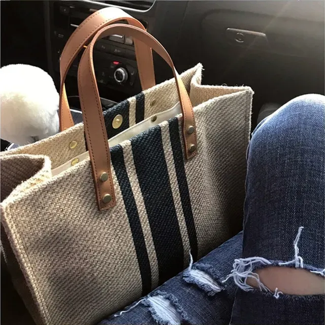 Borsa a mano da donna, semplice, alla moda, di grande capacità, vintage, a righe, portatile, stile coreano._voghion.com