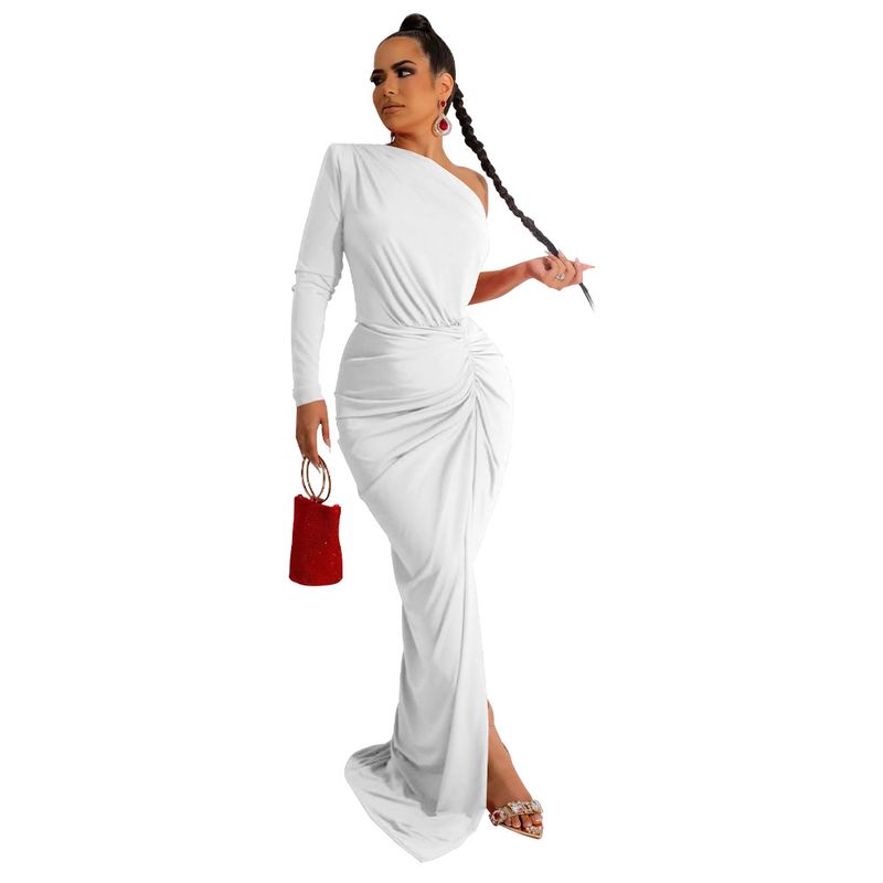 women's clothing oblique shoulder pleated solid color dress long dress new_voghion.com