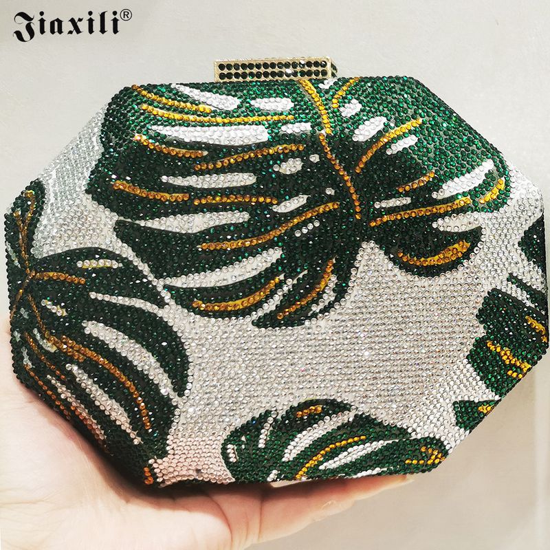 Borsa di cristallo con foglia verde di diamanti, borsa da sera con pochette a catena, borsa da sera con tracolla a catena, borsa da donna con catena_voghion.com