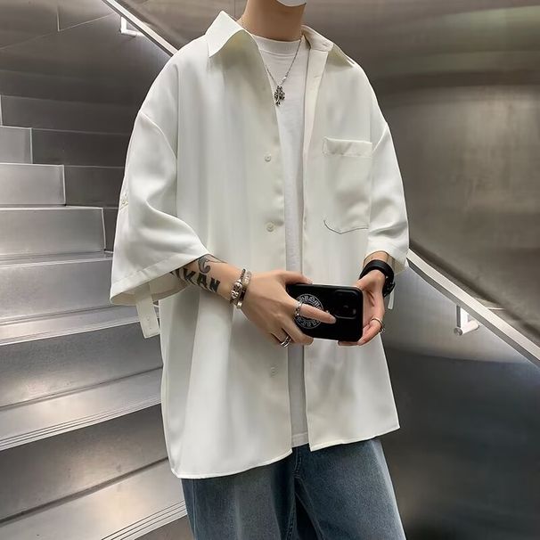 Bela srajca v hongkonškem slogu, moška modna blagovna znamka s kratkimi rokavi, vrhunski občutek, ledeno svilena srajca, ležerna in lepa jakna, poletje_voghion.com
