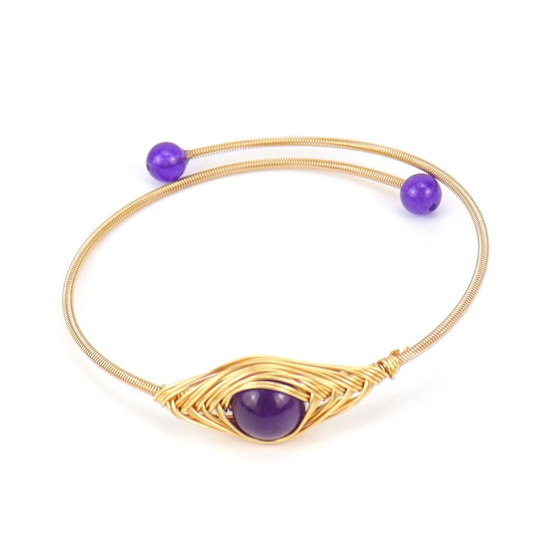 New Handmade Wire Wrapped Gold Agate Bead Open Simple Devil's Eye Bracelet B44_voghion.com