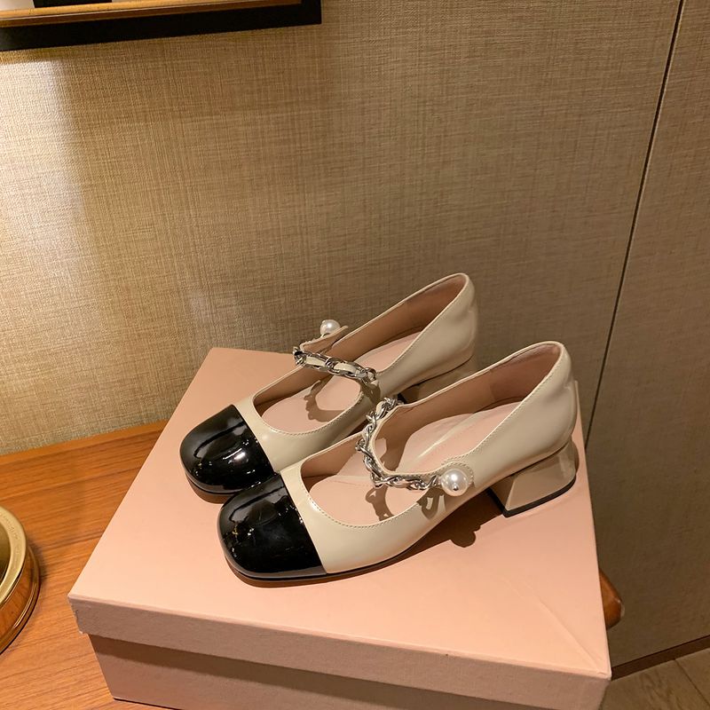 Grape Mom Galaxy Concerto ~ Shiny Round Toe Color-Block Pearl Chain Mary Jane Shoes Fashion Versatile_voghion.com