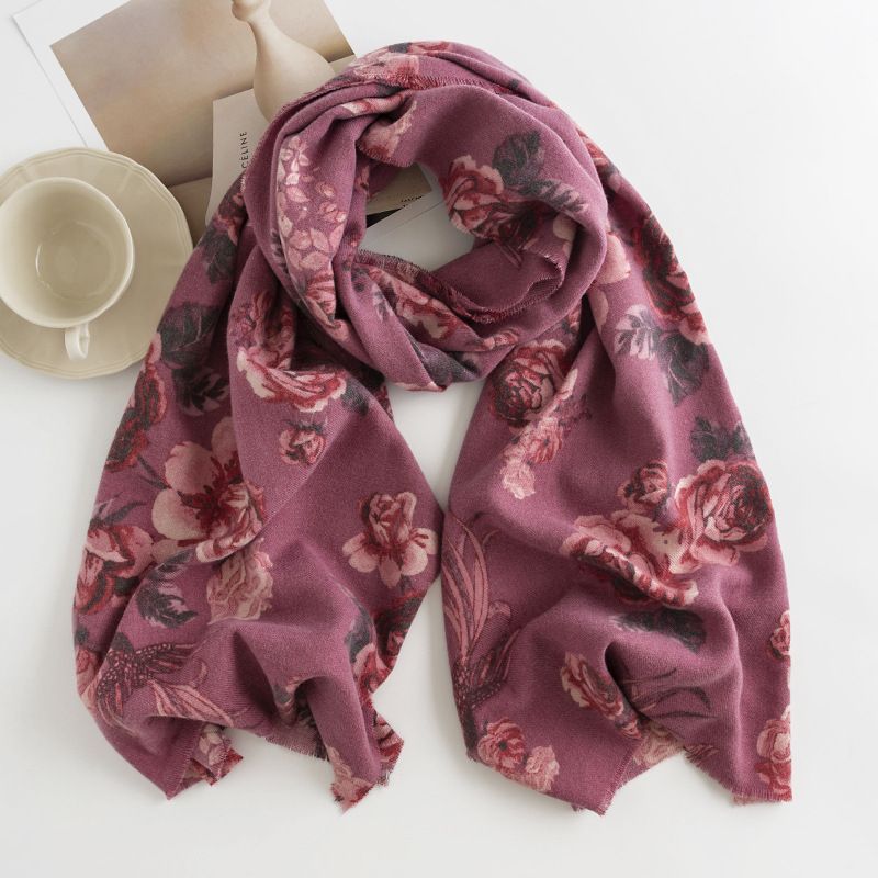 Cachecol outono inverno rosa impressão imitação cashmere franjas xale senhoras cachecol quente_voghion.com
