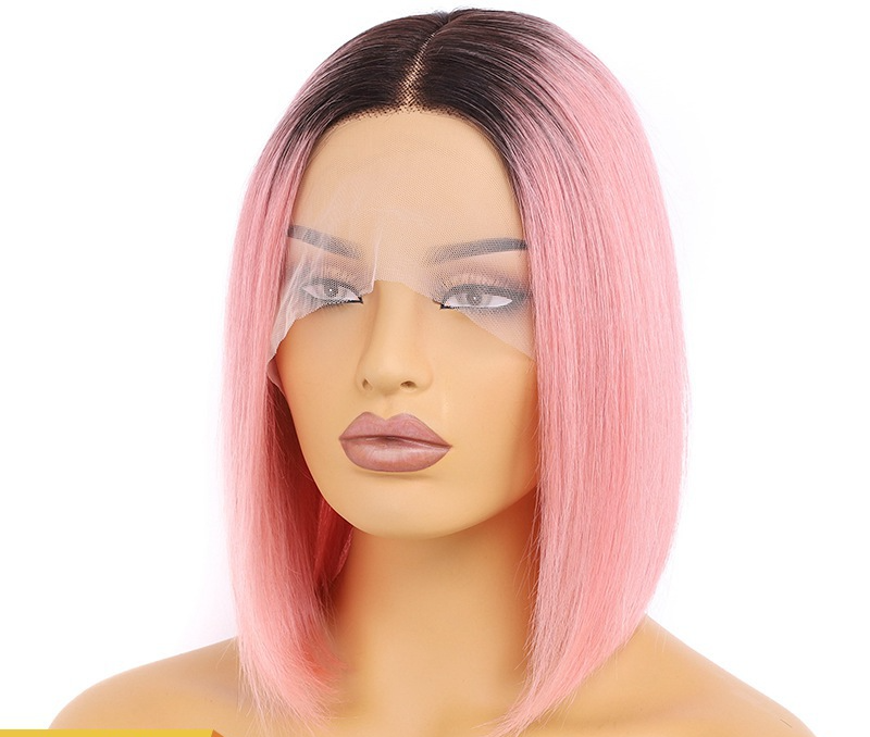 Short bob frontal lace 1B/Rose pink Ombre human hair wig_voghion.com
