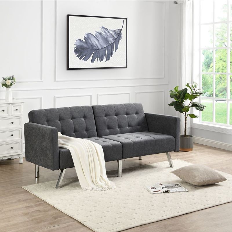 Sofa Bed Convertible Folding Dark Grey Lounge Couch Loveseat Sleeper Sofa Armrests Living Room Bedroom Apartment Reading Room_voghion.com