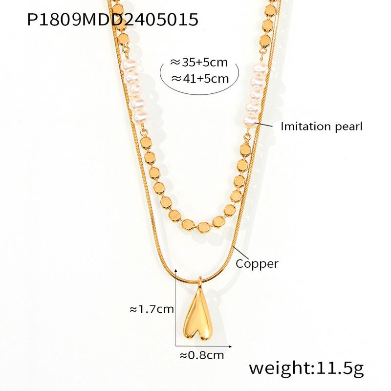 Simple design double layered love pendant pearl copper plated gold necklace for women_voghion.com